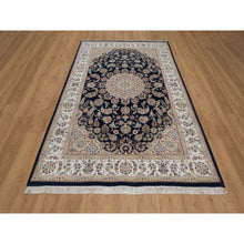 Load image into Gallery viewer, 5&#39;10&quot;x9&#39;2&quot; Midnight Blue, Wool and Silk, Nain with Flower Medallion Design, 250 KPSI, Soft Pile, Hand Knotted, Oriental Rug FWR549144