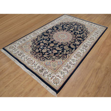 Load image into Gallery viewer, 5&#39;10&quot;x9&#39;2&quot; Midnight Blue, Wool and Silk, Nain with Flower Medallion Design, 250 KPSI, Soft Pile, Hand Knotted, Oriental Rug FWR549144