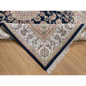 5'10"x9'2" Midnight Blue, Wool and Silk, Nain with Flower Medallion Design, 250 KPSI, Soft Pile, Hand Knotted, Oriental Rug FWR549144