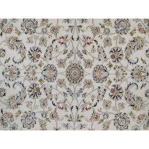 6'2"x9' Pearl White, Nain With All Over Flower Design, Wool And Silk, Soft Pile, 250 Kpsi, Hand Knotted, Oriental Rug FWR549156