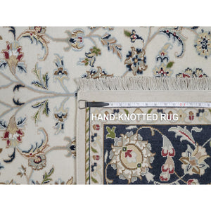 6'2"x9' Pearl White, Nain With All Over Flower Design, Wool And Silk, Soft Pile, 250 Kpsi, Hand Knotted, Oriental Rug FWR549156