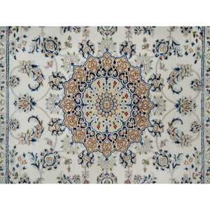 5'1"x7'2" Pristine White, Nain with Flower Medallion Design, 250 KPSI, Soft Pile, Wool and Silk, Hand Knotted, Oriental Rug FWR549162