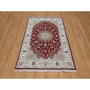 4'x6'1" Currant Red, Nain with Flower Medallion Design, Hand Knotted, Wool and Silk, 250 KPSI, Soft Pile, Oriental Rug FWR549180