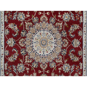 4'x6'1" Currant Red, Nain with Flower Medallion Design, Hand Knotted, Wool and Silk, 250 KPSI, Soft Pile, Oriental Rug FWR549180