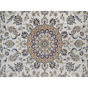 8'x10'1" Winter White, Nain with Flower Medallion Design, 250 KPSI, Wool and Silk, Soft Pile, Hand Knotted, Oriental Rug FWR549192