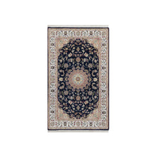 Load image into Gallery viewer, 2&#39;8&quot;x4&#39;2&quot; Caviar Blue, 250 KPSI, Nain with Flower Medallion Design, Hand Knotted, Wool and Silk, Sample, Mat, Oriental Rug FWR549198
