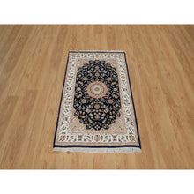 Load image into Gallery viewer, 2&#39;8&quot;x4&#39;2&quot; Caviar Blue, 250 KPSI, Nain with Flower Medallion Design, Hand Knotted, Wool and Silk, Sample, Mat, Oriental Rug FWR549198