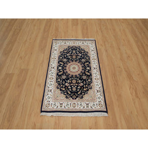 2'8"x4'2" Caviar Blue, 250 KPSI, Nain with Flower Medallion Design, Hand Knotted, Wool and Silk, Sample, Mat, Oriental Rug FWR549198