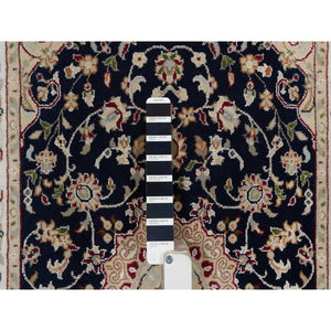 2'8"x4'2" Caviar Blue, 250 KPSI, Nain with Flower Medallion Design, Hand Knotted, Wool and Silk, Sample, Mat, Oriental Rug FWR549198