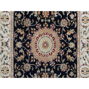 2'8"x4'2" Caviar Blue, 250 KPSI, Nain with Flower Medallion Design, Hand Knotted, Wool and Silk, Sample, Mat, Oriental Rug FWR549198