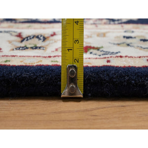 2'8"x4'2" Caviar Blue, 250 KPSI, Nain with Flower Medallion Design, Hand Knotted, Wool and Silk, Sample, Mat, Oriental Rug FWR549198