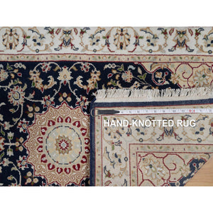 2'8"x4'2" Caviar Blue, 250 KPSI, Nain with Flower Medallion Design, Hand Knotted, Wool and Silk, Sample, Mat, Oriental Rug FWR549198