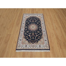 Load image into Gallery viewer, 3&#39;x5&#39;2&quot; Midnight Blue, 250 KPSI, Nain with Flower Medallion Design, Soft Pile, Wool and Silk, Hand Knotted, Oriental Rug FWR549216