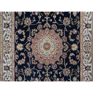 3'x5'2" Midnight Blue, 250 KPSI, Nain with Flower Medallion Design, Soft Pile, Wool and Silk, Hand Knotted, Oriental Rug FWR549216