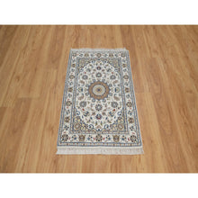 Load image into Gallery viewer, 2&#39;x3&#39;2&quot; Pearl White, Hand Knotted, Nain with Flower Medallion Design, Wool and Silk, 250 KPSI, Soft Pile, Sample, Mat, Oriental Rug FWR549240