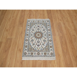 2'x3'2" Pearl White, Hand Knotted, Nain with Flower Medallion Design, Wool and Silk, 250 KPSI, Soft Pile, Sample, Mat, Oriental Rug FWR549240