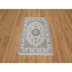 2'7"x4' Snow White, 250 KPSI, Soft Pile, Nain with Flower Medallion Design, Hand Knotted, Wool and Silk, Mat, Sample, Oriental Rug FWR549252