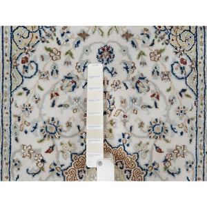 2'7"x4' Snow White, 250 KPSI, Soft Pile, Nain with Flower Medallion Design, Hand Knotted, Wool and Silk, Mat, Sample, Oriental Rug FWR549252