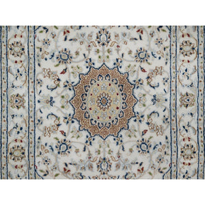 2'7"x4' Snow White, 250 KPSI, Soft Pile, Nain with Flower Medallion Design, Hand Knotted, Wool and Silk, Mat, Sample, Oriental Rug FWR549252