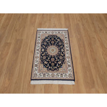 Load image into Gallery viewer, 2&#39;1&quot;x3&#39;2&quot; Midnight Blue, Wool And Silk, Nain With Flower Medallion Design, Soft Pile, 250 Kpsi, Hand Knotted, Sample, Mat, Oriental Rug FWR549264