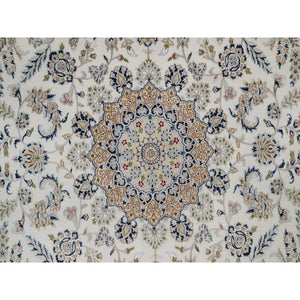 8'7"x12' Whisper White, Wool and Silk, Nain with Flower Medallion Design, 250 KPSI, Soft Pile, Hand Knotted, Oriental Rug FWR549282