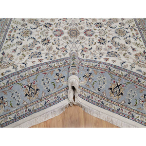 9'1"x12' Pristine White, Hand Knotted, Nain with All Over Flower Design, 250 KPSI, Wool and Silk, Soft Pile, Oriental Rug FWR549294
