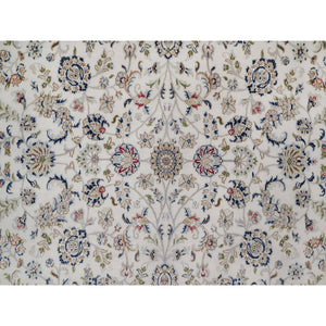 9'1"x12' Pristine White, Hand Knotted, Nain with All Over Flower Design, 250 KPSI, Wool and Silk, Soft Pile, Oriental Rug FWR549294