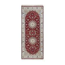 Load image into Gallery viewer, 2&#39;6&quot;x6&#39; Syrah Red, Nain with Flower Medallion Design, Hand Knotted, Wool and Silk, 250 KPSI, Soft Pile, Runner, Oriental Rug FWR549312