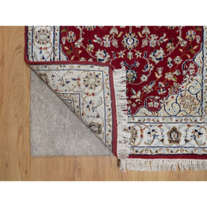 2'6"x6' Syrah Red, Nain with Flower Medallion Design, Hand Knotted, Wool and Silk, 250 KPSI, Soft Pile, Runner, Oriental Rug FWR549312