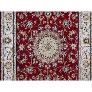 2'6"x6' Syrah Red, Nain with Flower Medallion Design, Hand Knotted, Wool and Silk, 250 KPSI, Soft Pile, Runner, Oriental Rug FWR549312