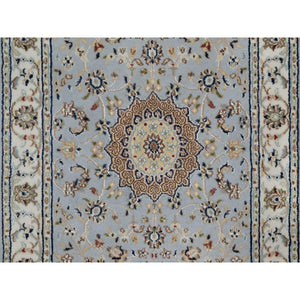 2'9"x10'3" Light Blue, Nain with Flower Medallion Design, 250 KPSI, Wool and Silk, Hand Knotted, Soft Pile, Runner, Oriental Rug FWR549318