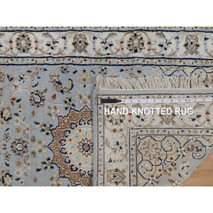 2'9"x10'3" Light Blue, Nain with Flower Medallion Design, 250 KPSI, Wool and Silk, Hand Knotted, Soft Pile, Runner, Oriental Rug FWR549318