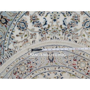 3'1"x3'1" Whisper White, Soft Pile, Nain With All Over Flower Pattern, 250 Kpsi, Wool And Silk, Hand Knotted, Round, Oriental Rug FWR549324