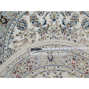 3'1"x3'1" Whisper White, Soft Pile, Nain with All Over Flower Pattern, 250 KPSI, Wool and Silk, Hand Knotted, Round, Oriental Rug FWR549324