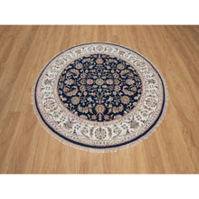 Load image into Gallery viewer, 5&#39;1&quot;x5&#39;1&quot; Caviar Blue, Nain with All Over Floral Pattern, Wool and Silk, 250 KPSI, Soft Pile, Hand Knotted, Round, Oriental Rug FWR549336