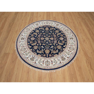 5'1"x5'1" Caviar Blue, Nain with All Over Floral Pattern, Wool and Silk, 250 KPSI, Soft Pile, Hand Knotted, Round, Oriental Rug FWR549336