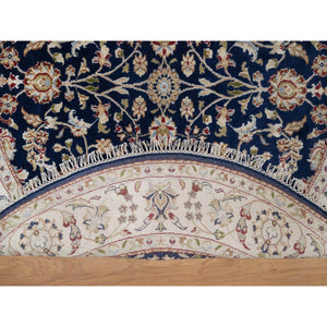 5'1"x5'1" Caviar Blue, Nain with All Over Floral Pattern, Wool and Silk, 250 KPSI, Soft Pile, Hand Knotted, Round, Oriental Rug FWR549336
