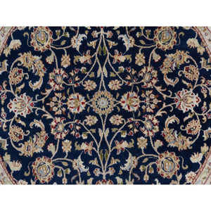 5'1"x5'1" Caviar Blue, Nain with All Over Floral Pattern, Wool and Silk, 250 KPSI, Soft Pile, Hand Knotted, Round, Oriental Rug FWR549336