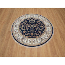 Load image into Gallery viewer, 5&#39;x5&#39; Midnight Blue, Nain With All Over Flower Design, Wool And Silk, Soft Pile, 250 Kpsi, Hand Knotted, Round, Oriental Rug FWR549342