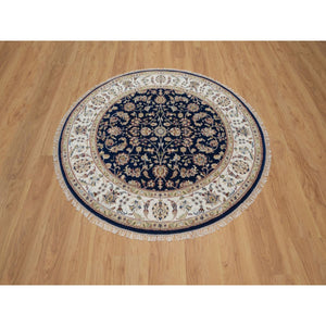 5'x5' Midnight Blue, Nain with All Over Flower Design, Wool and Silk, Soft Pile, 250 KPSI, Hand Knotted, Round, Oriental Rug FWR549342