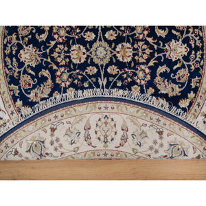 5'x5' Midnight Blue, Nain with All Over Flower Design, Wool and Silk, Soft Pile, 250 KPSI, Hand Knotted, Round, Oriental Rug FWR549342