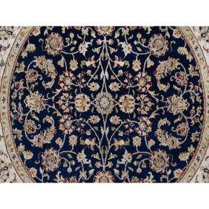 5'x5' Midnight Blue, Nain with All Over Flower Design, Wool and Silk, Soft Pile, 250 KPSI, Hand Knotted, Round, Oriental Rug FWR549342
