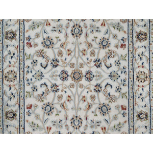 2'8"x10'2" Pearl White, Hand Knotted, Nain with All Over Flower Pattern, Wool and Silk, Soft Pile, 250 KPSI, Runner, Oriental Rug FWR549348