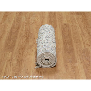 2'8"x10'2" Pearl White, Hand Knotted, Nain with All Over Flower Pattern, Wool and Silk, Soft Pile, 250 KPSI, Runner, Oriental Rug FWR549348
