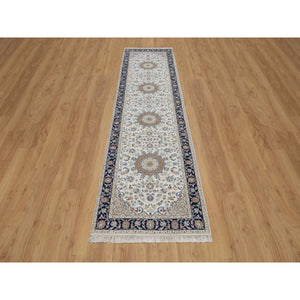 2'8"x10'3" Daisy White, Nain with Flower Medallion Design, 250 KPSI, Soft Pile, Wool and Silk, Hand Knotted, Runner, Oriental Rug FWR549354