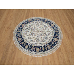 5'x5' Pristine White, Wool and Silk, Nain with All Over Floral Pattern, Soft Pile, 250 KPSI, Hand Knotted, Round, Oriental Rug FWR549360