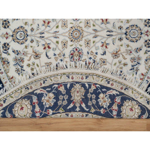 5'x5' Pristine White, Wool and Silk, Nain with All Over Floral Pattern, Soft Pile, 250 KPSI, Hand Knotted, Round, Oriental Rug FWR549360