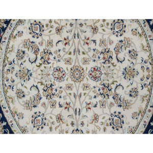 5'x5' Pristine White, Wool and Silk, Nain with All Over Floral Pattern, Soft Pile, 250 KPSI, Hand Knotted, Round, Oriental Rug FWR549360