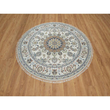 Load image into Gallery viewer, 6&#39;x6&#39; Winter White, Hand Knotted, Nain with Flower Medallion Design, Wool and Silk, 250 KPSI, Soft Pile, Round, Oriental Rug FWR549366