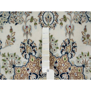 6'x6' Winter White, Hand Knotted, Nain with Flower Medallion Design, Wool and Silk, 250 KPSI, Soft Pile, Round, Oriental Rug FWR549366